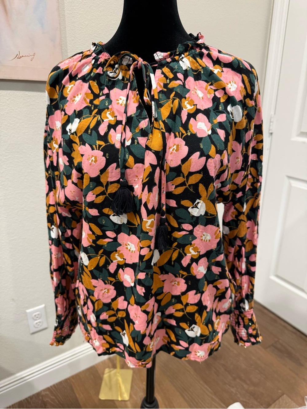 Sugarlips Black Floral Tie-Neck Blouse with Pink and Mustard Accents